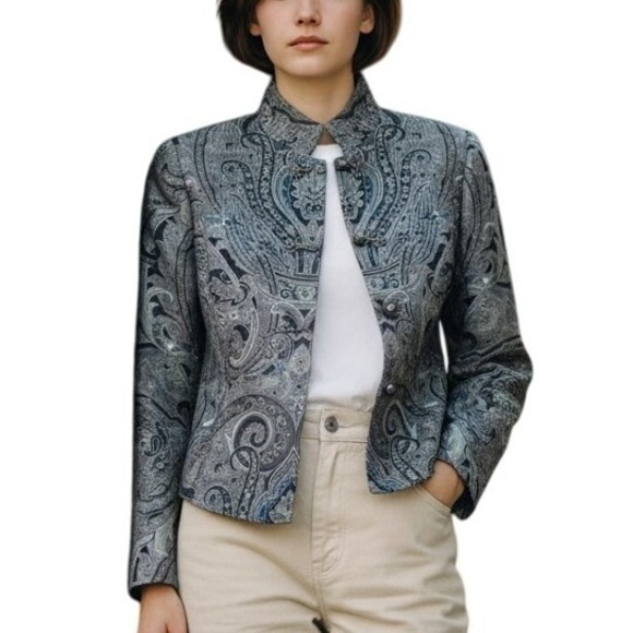 Linda Allard Ellen Tracy Jackets & Blazers - Linda Allard Ellen Tracy Paisley Print Button Up Mandarin Collar wool silk